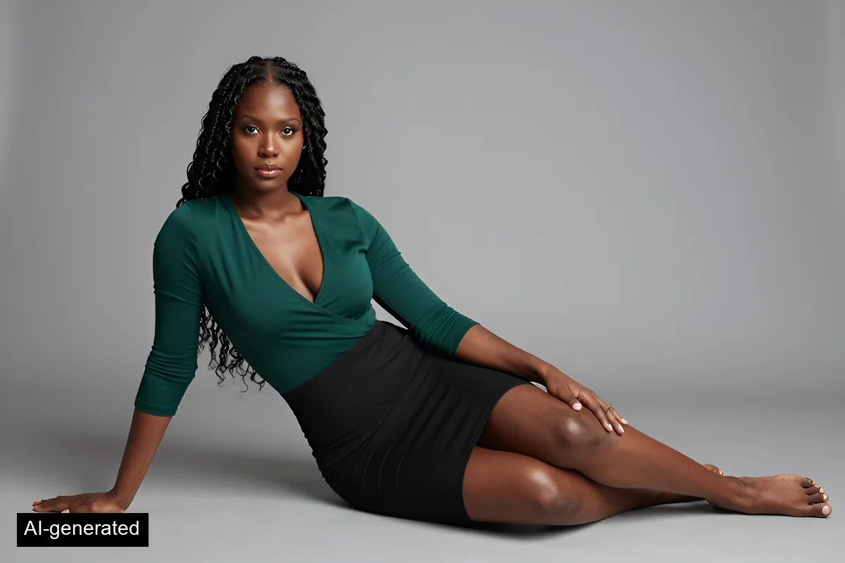AI-generated example talent wearing a wrap top and skirt